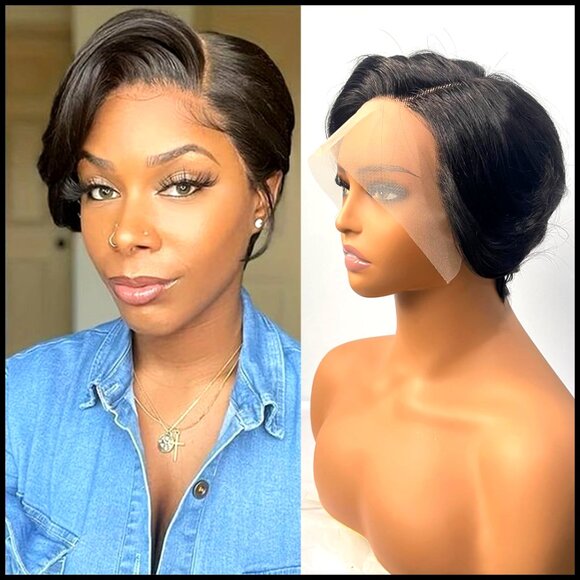 Short Straight Pixie Cut Human Hair Wig Glueless Lace Front Bob Natural Hairline